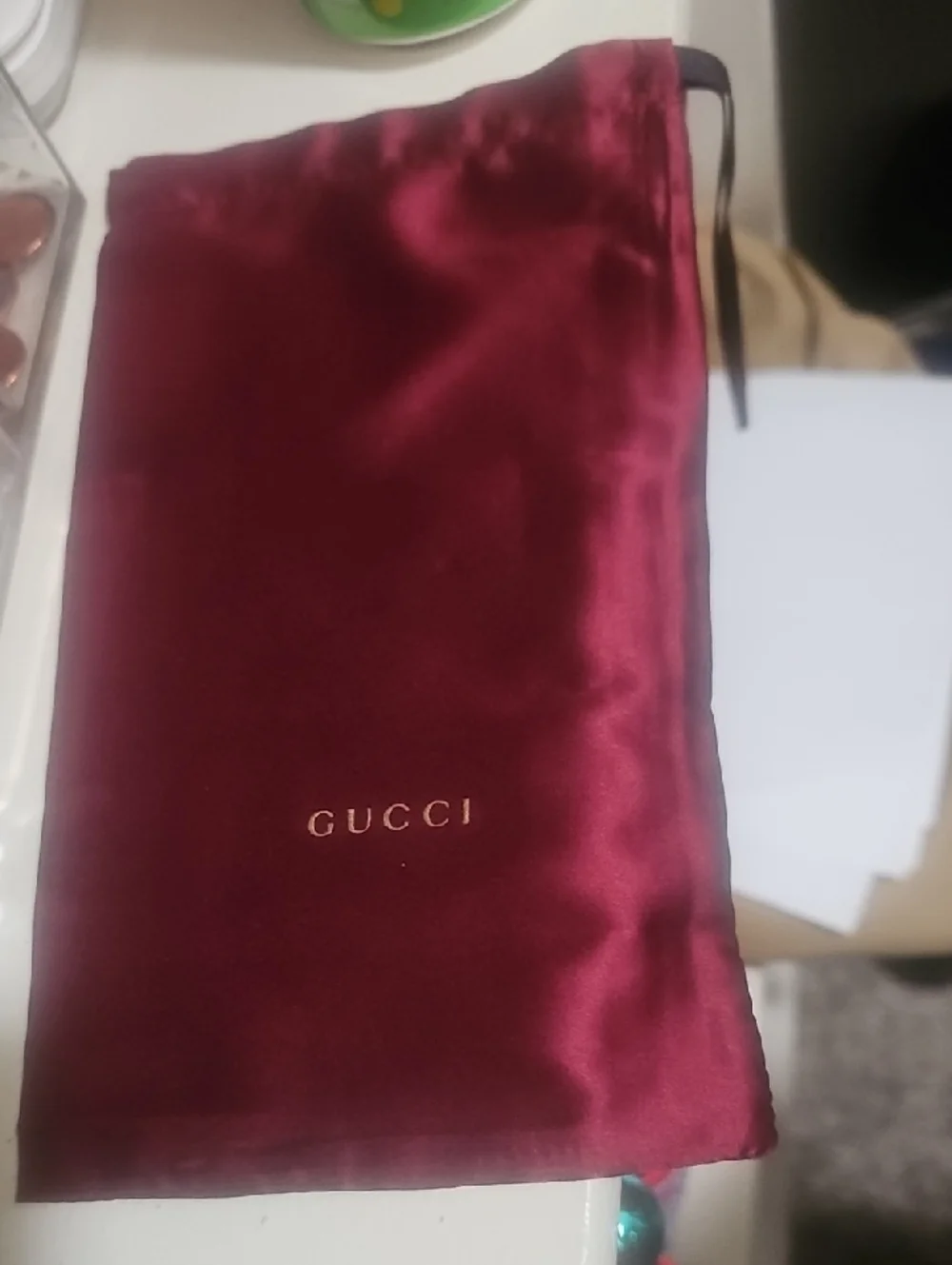 Gucci Satin Drawstring Pouch in Deep Red with Gold Logo - Picture 1 of 4